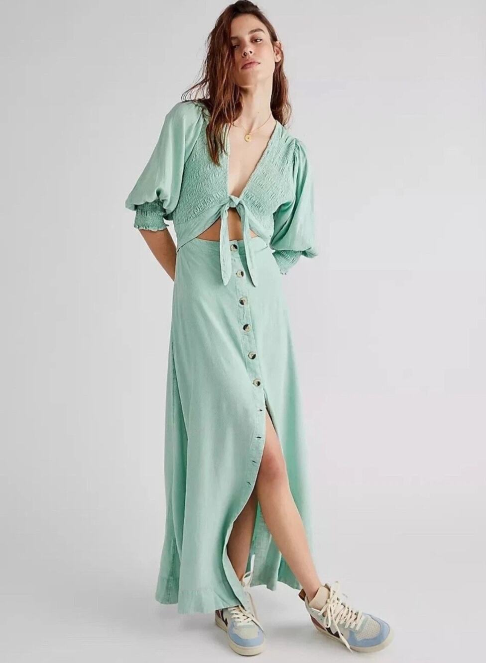 Free People String Of Hearts Maxi Dress Womens Green Smocked Boho Peasant M